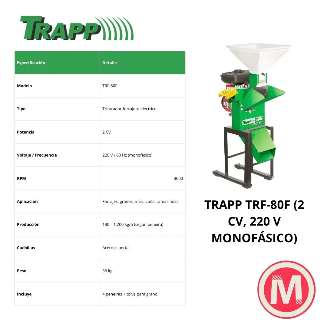 TRITURADOR FORRAJERO, MOTOR: 2CV 60HZ 220V MONOF - TRF80F - Imagen 4