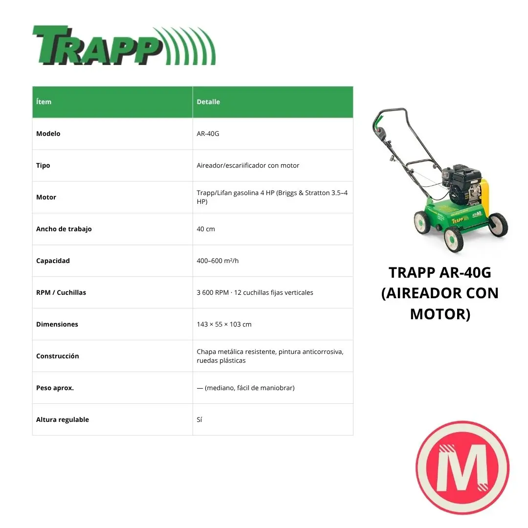 AIREADOR AR-40G, MOTOR: TRAPP/LIFAN 4HP 4T - Imagen 2