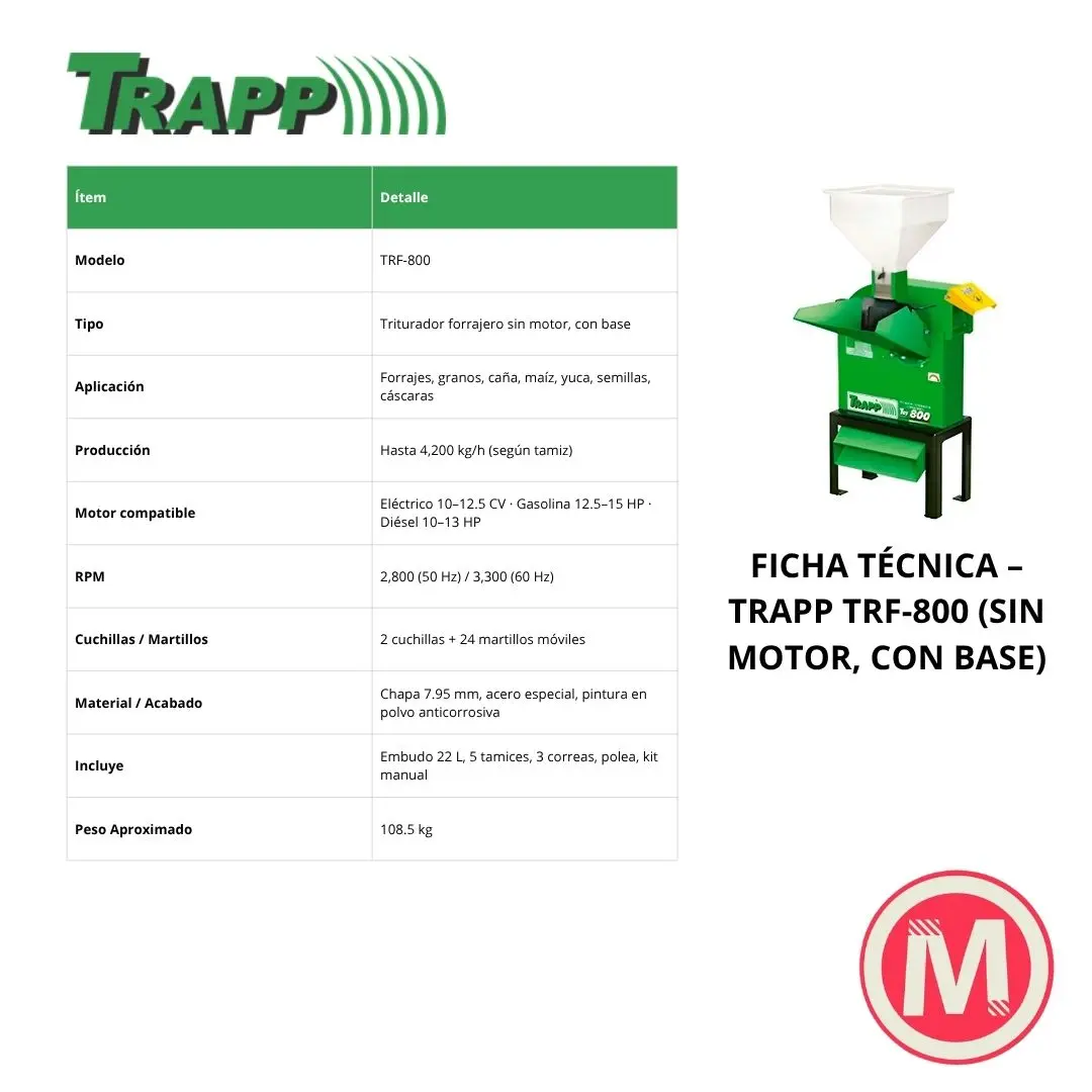 TRITURADOR FORRAJERO TRAPP TRF-800, CON BASE, SIN MOTOR - Imagen 2