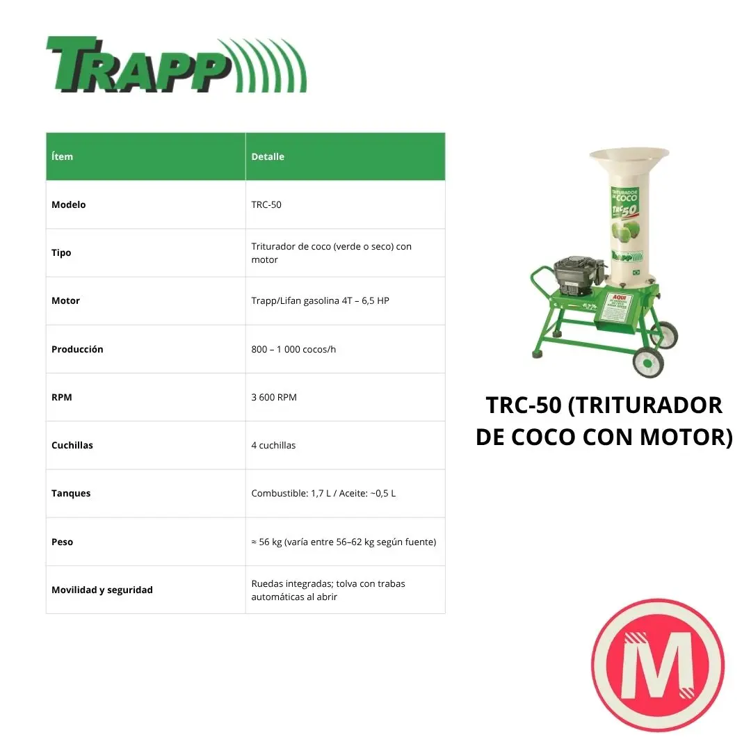 TRAPP TRITURADOR DE COCO TRC-50, CON MOTOR TRAPP / LIFAN 6.5HP - Imagen 2