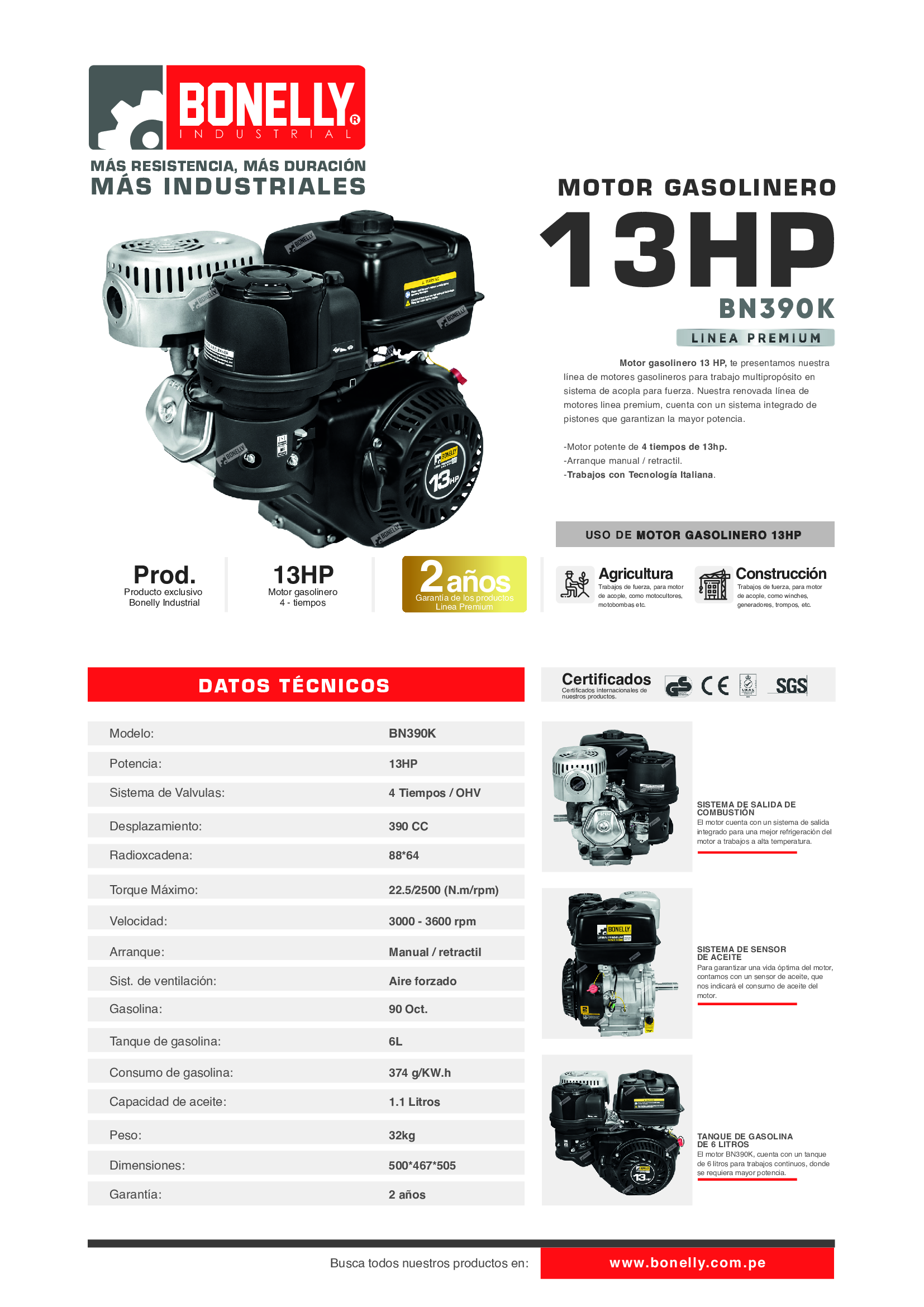 BONELLY INDUSTRIAL MOTOR GASOLINERO 13HP LINEA PREMIUM - Imagen 2
