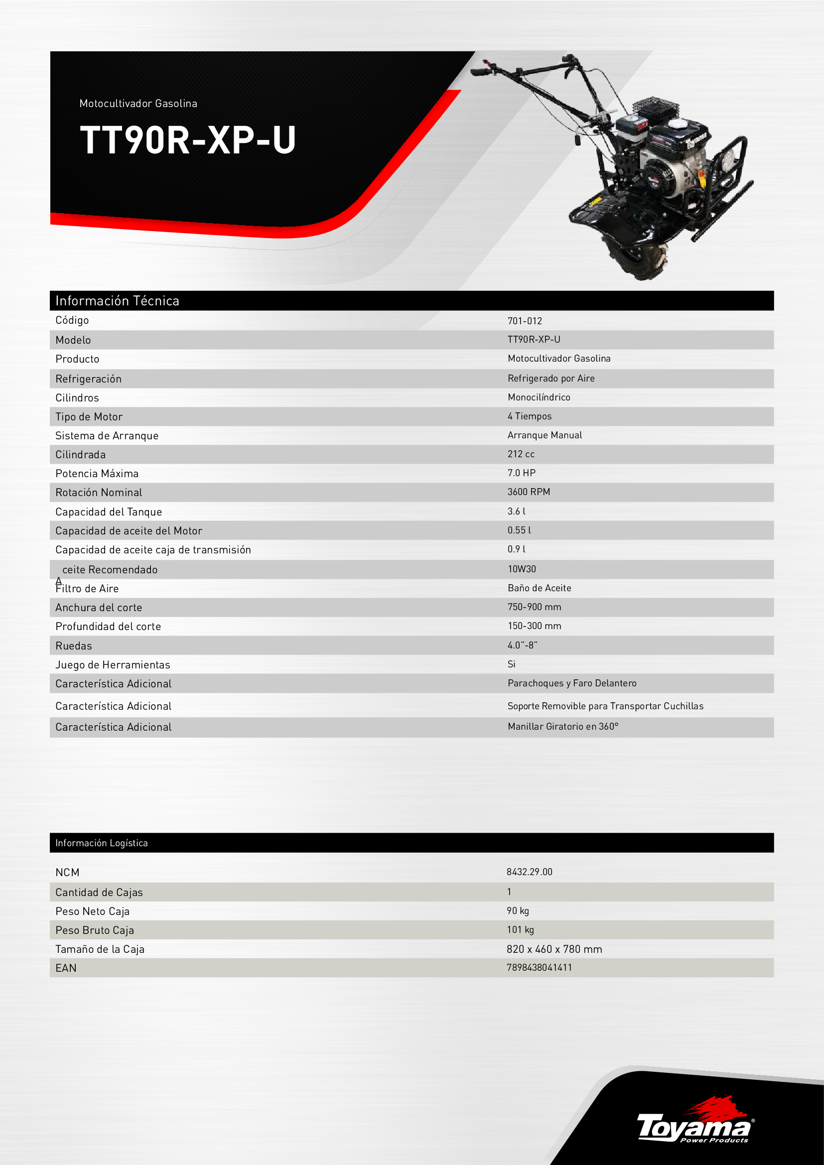 Motoazada Toyama XP 7.0HP TT90R-XP-U Gasolina - Imagen 11