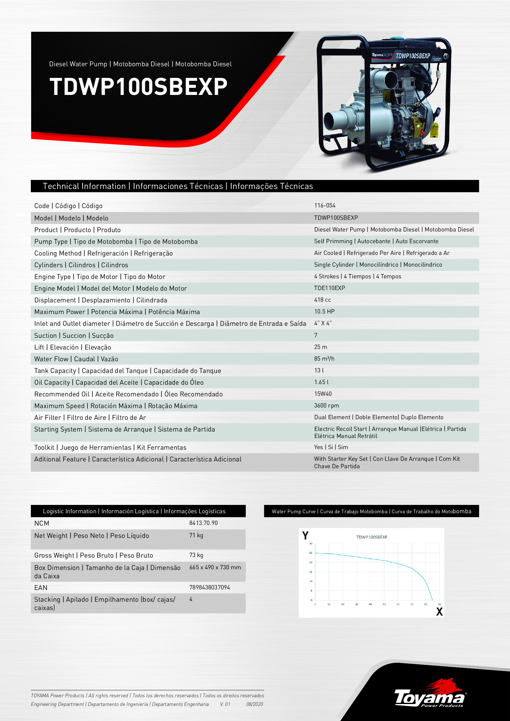 Motobomba Toyama TDWP100SBE-XP 10.5HP. - Imagen 2