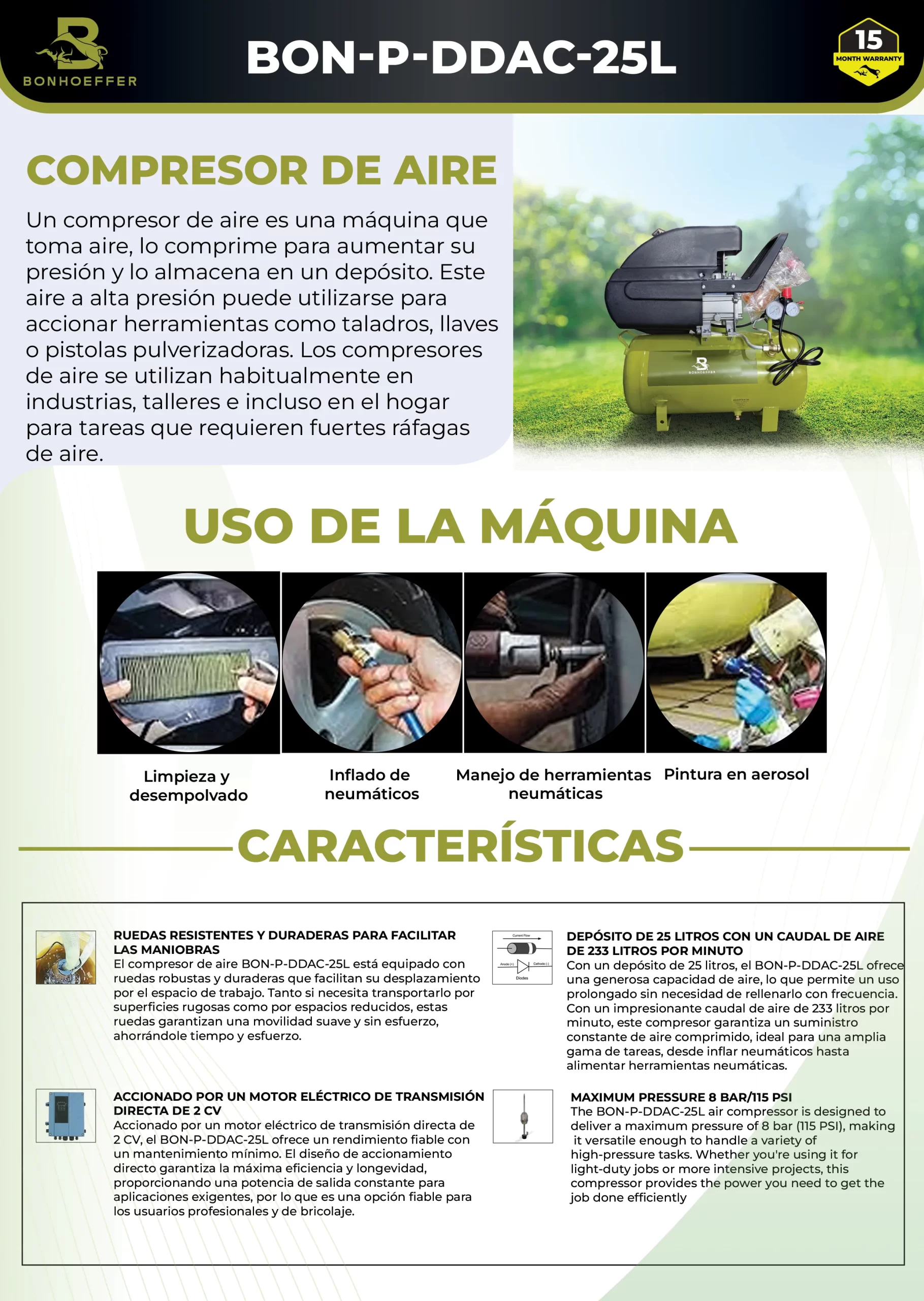 Compresora de Aire Bonhoeffer BON-DDAC-25L 2HP 25L Pistón - Imagen 4