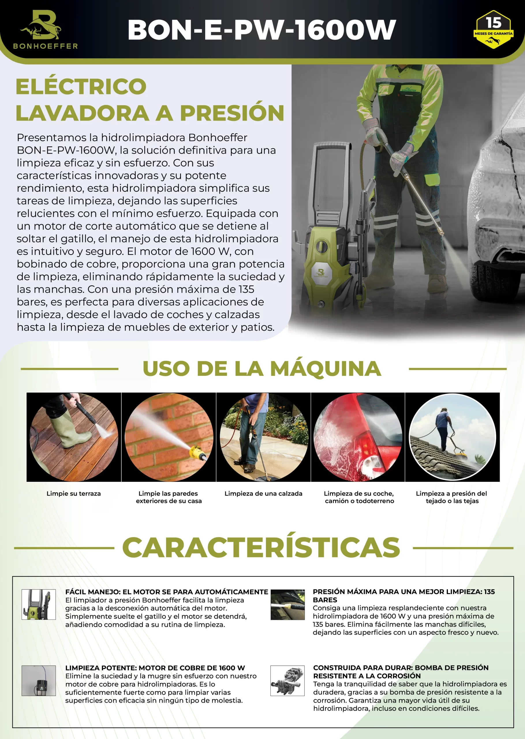 Hidrolavadora Bonhoeffer BON-E-PW-1600W 127V 135bar con Ruedas - Imagen 2