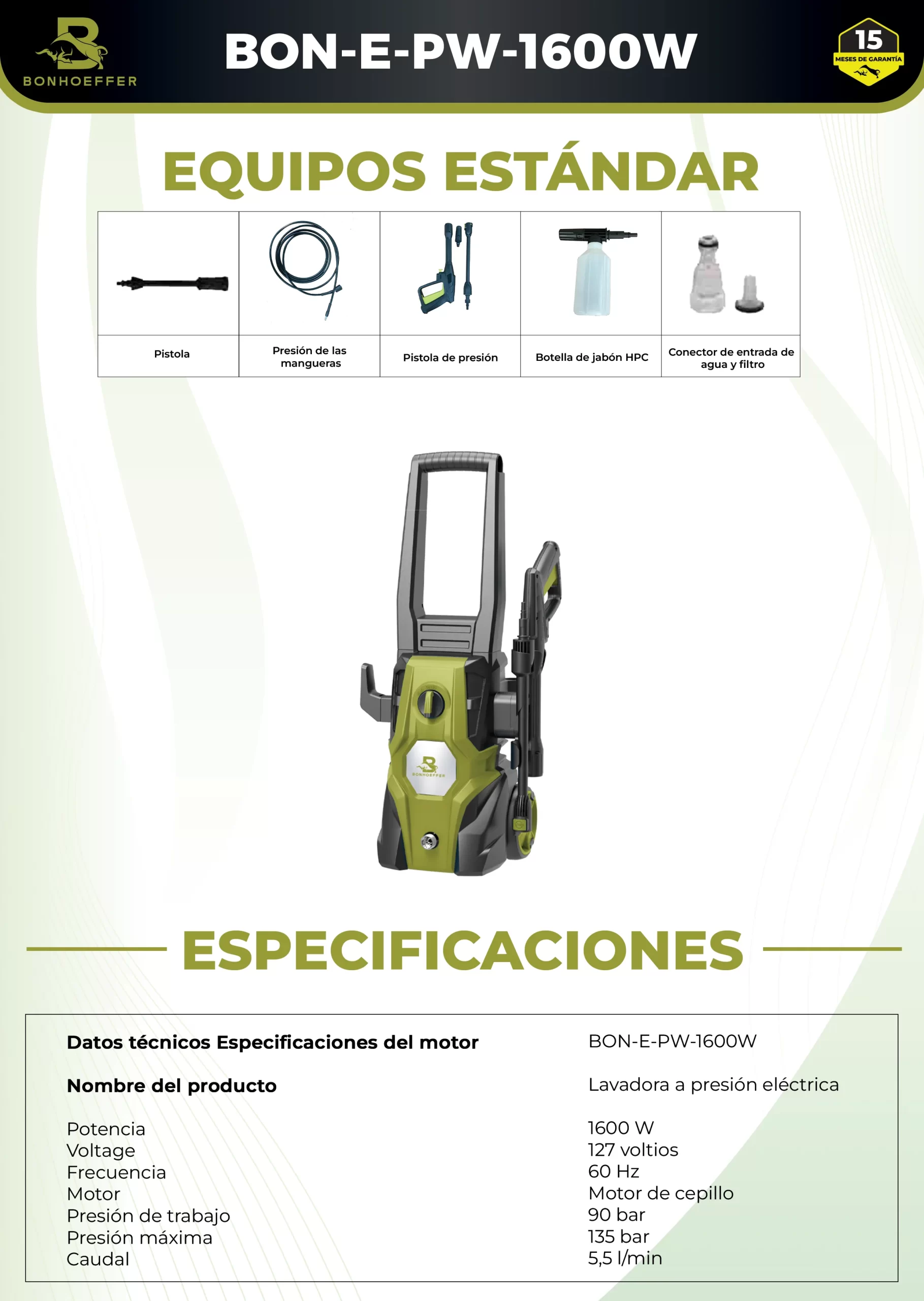 Hidrolavadora Bonhoeffer BON-E-PW-1600W 127V 135bar con Ruedas - Imagen 3