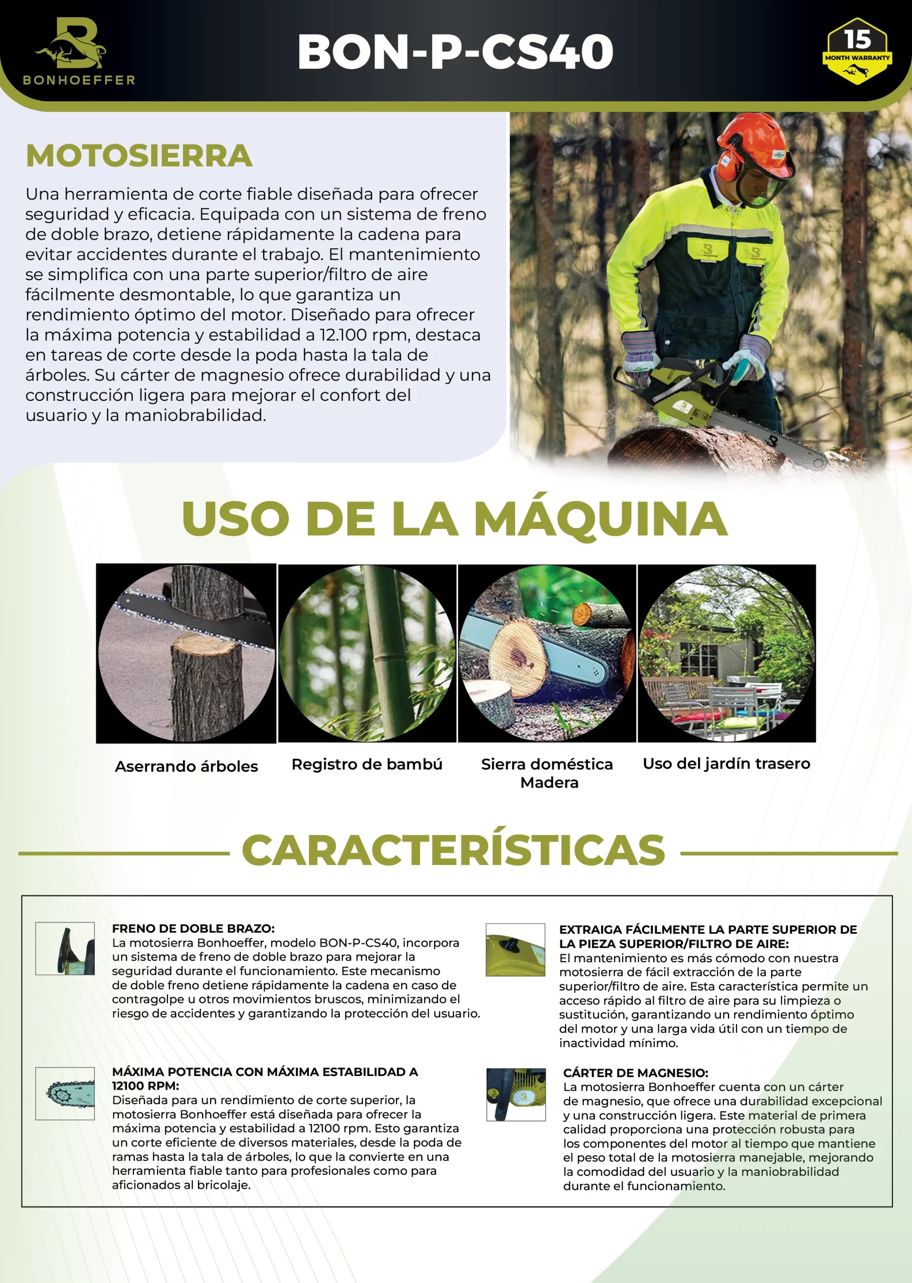 Motosierra Bonhoeffer 2.1HP con Espada de 16” y Cadena 3/8” – Modelo BON-P-CS40 - Imagen 4