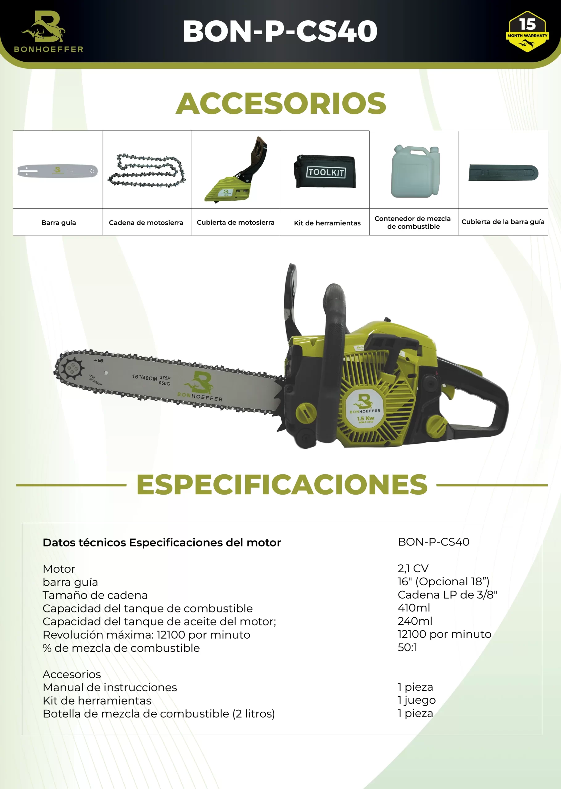 Motosierra Bonhoeffer 2.1HP con Espada de 16” y Cadena 3/8” – Modelo BON-P-CS40 - Imagen 5