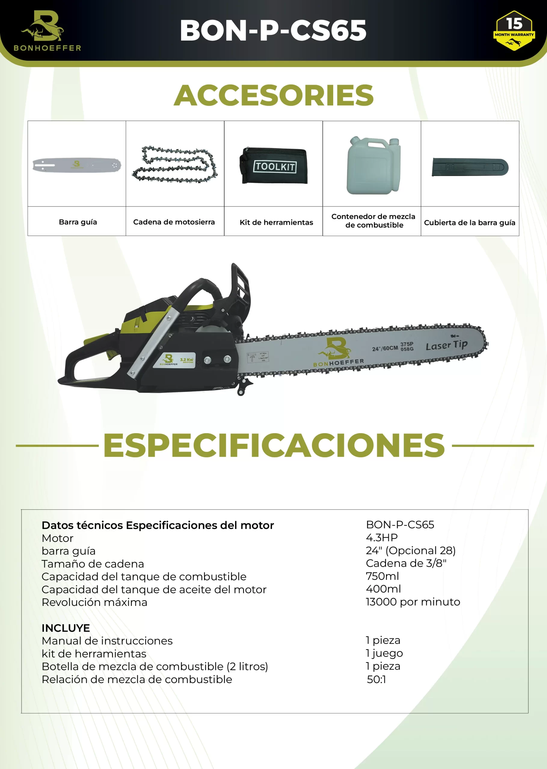 Motosierra Bonhoeffer 4.3HP con Espada de 24” y Cadena 3/8” – Modelo BON-P-CS65 - Imagen 5