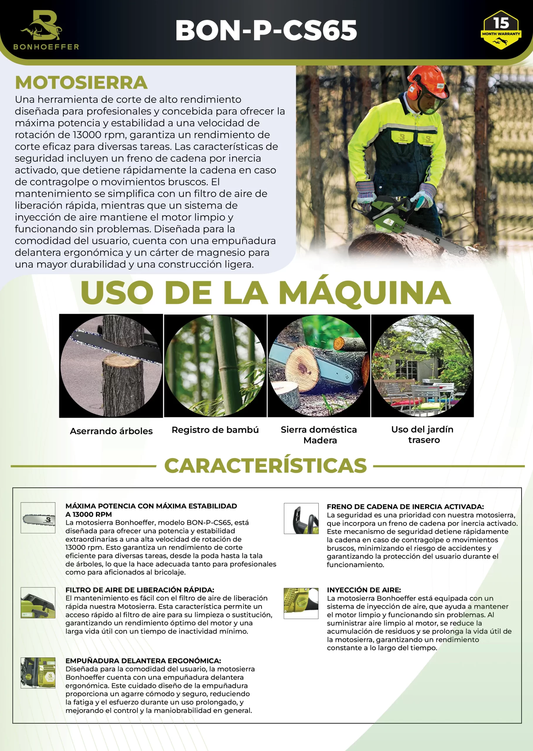 Motosierra Bonhoeffer 4.3HP con Espada de 24” y Cadena 3/8” – Modelo BON-P-CS65 - Imagen 4