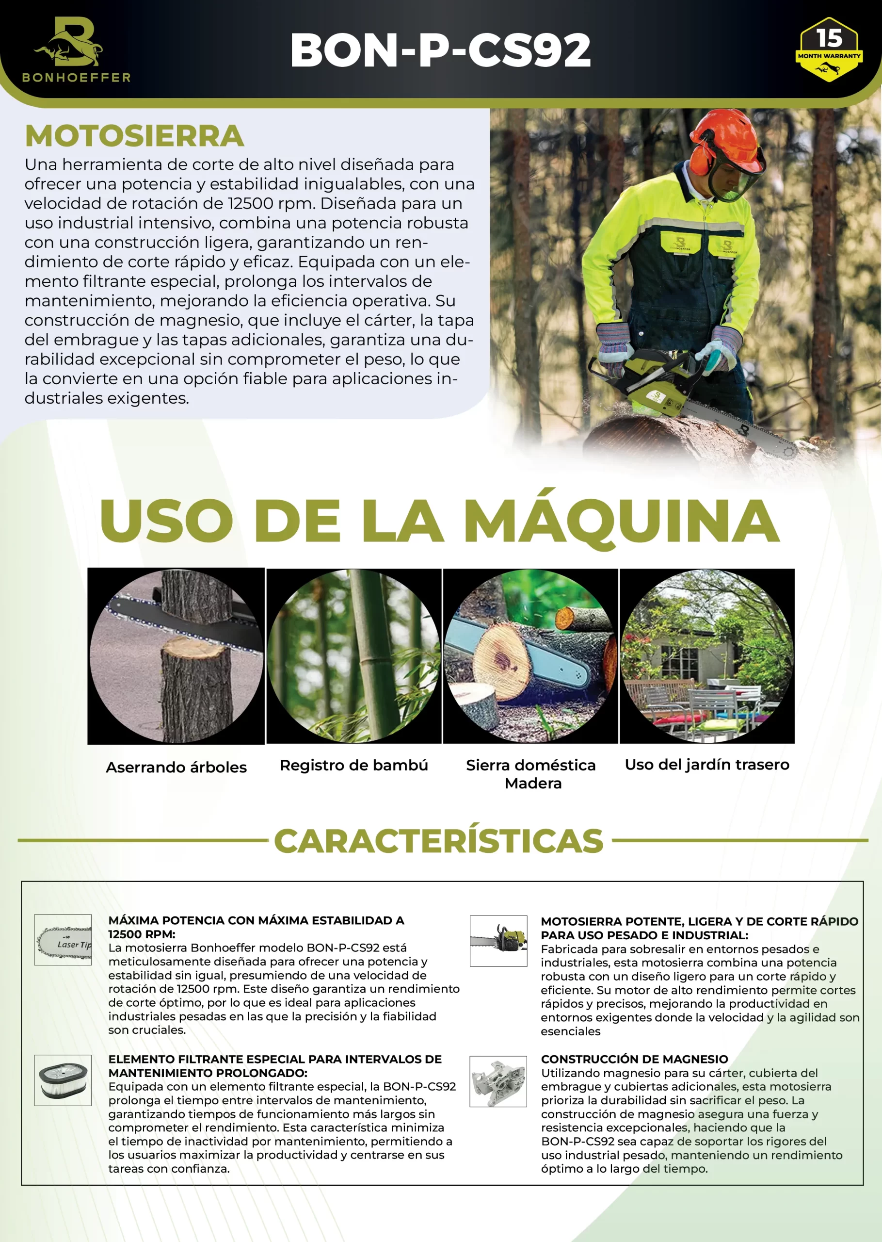 Motosierra Bonhoeffer 7.1HP con Espada de 36” y Cadena 3/8” – Modelo BON-P-CS92 - Imagen 2