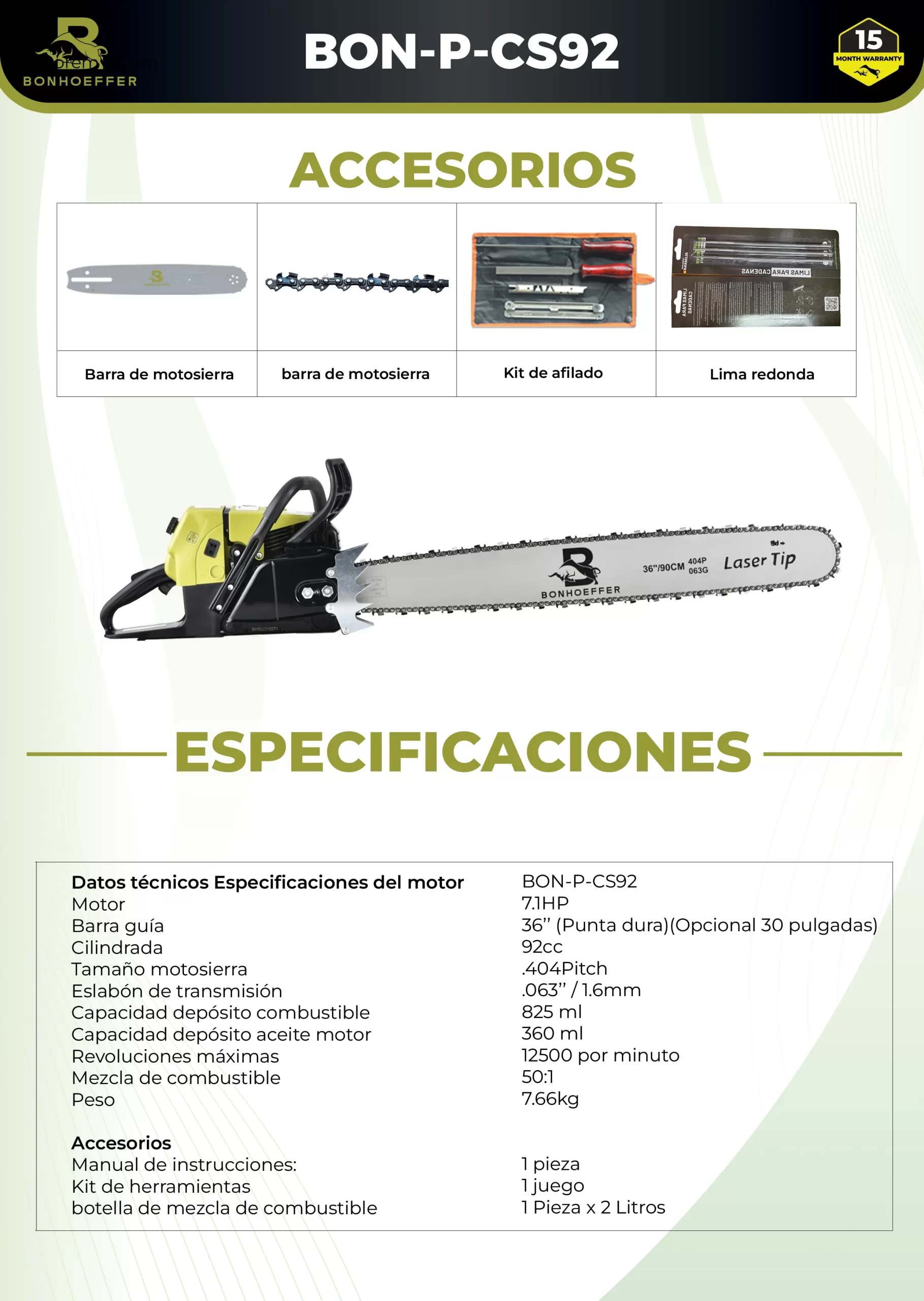 Motosierra Bonhoeffer 7.1HP con Espada de 36” y Cadena 3/8” – Modelo BON-P-CS92 - Imagen 3