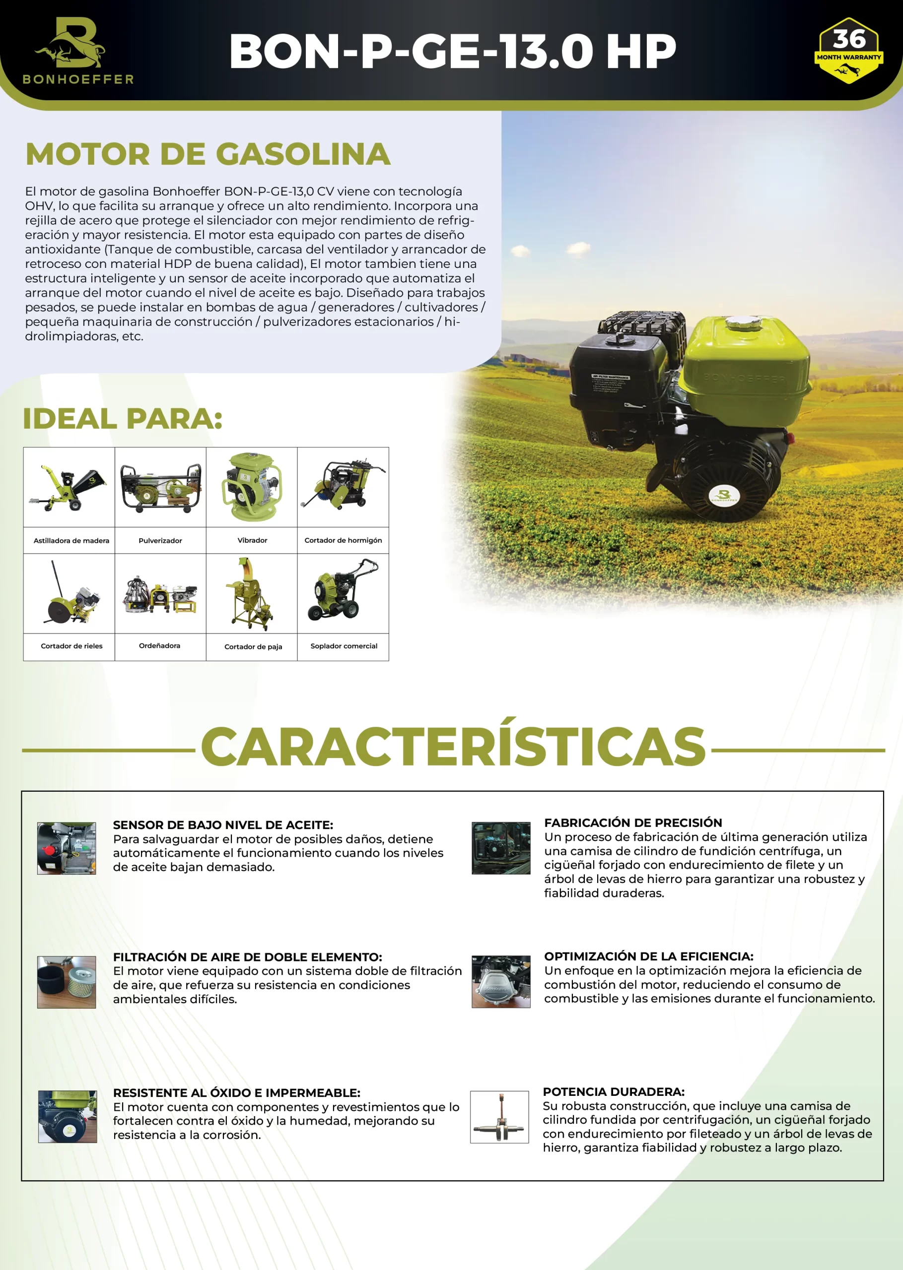 Motor Bonhoeffer 13HP OHV 4T Modelo BON-P-GE-13.0HP – Eje Horizontal, 3600 rpm, para maquinaria agrícola e industrial - Imagen 6