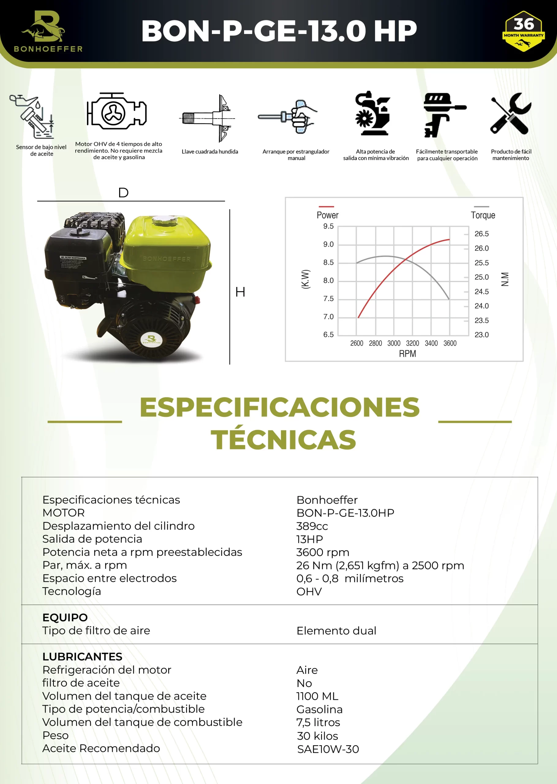 Motor Bonhoeffer 13HP OHV 4T Modelo BON-P-GE-13.0HP – Eje Horizontal, 3600 rpm, para maquinaria agrícola e industrial - Imagen 7