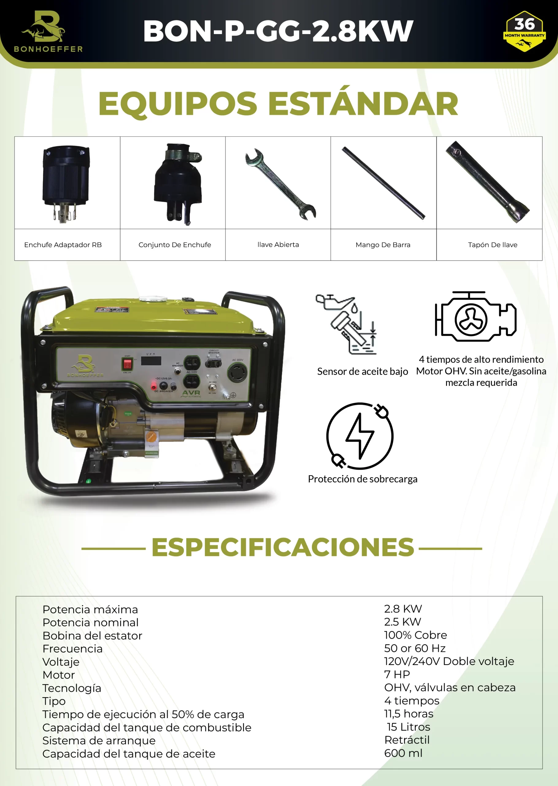 Generador Bonhoeffer BON-P-GG-2.8KW 2.8KW 100% Cobre 7HP 15L - Imagen 3