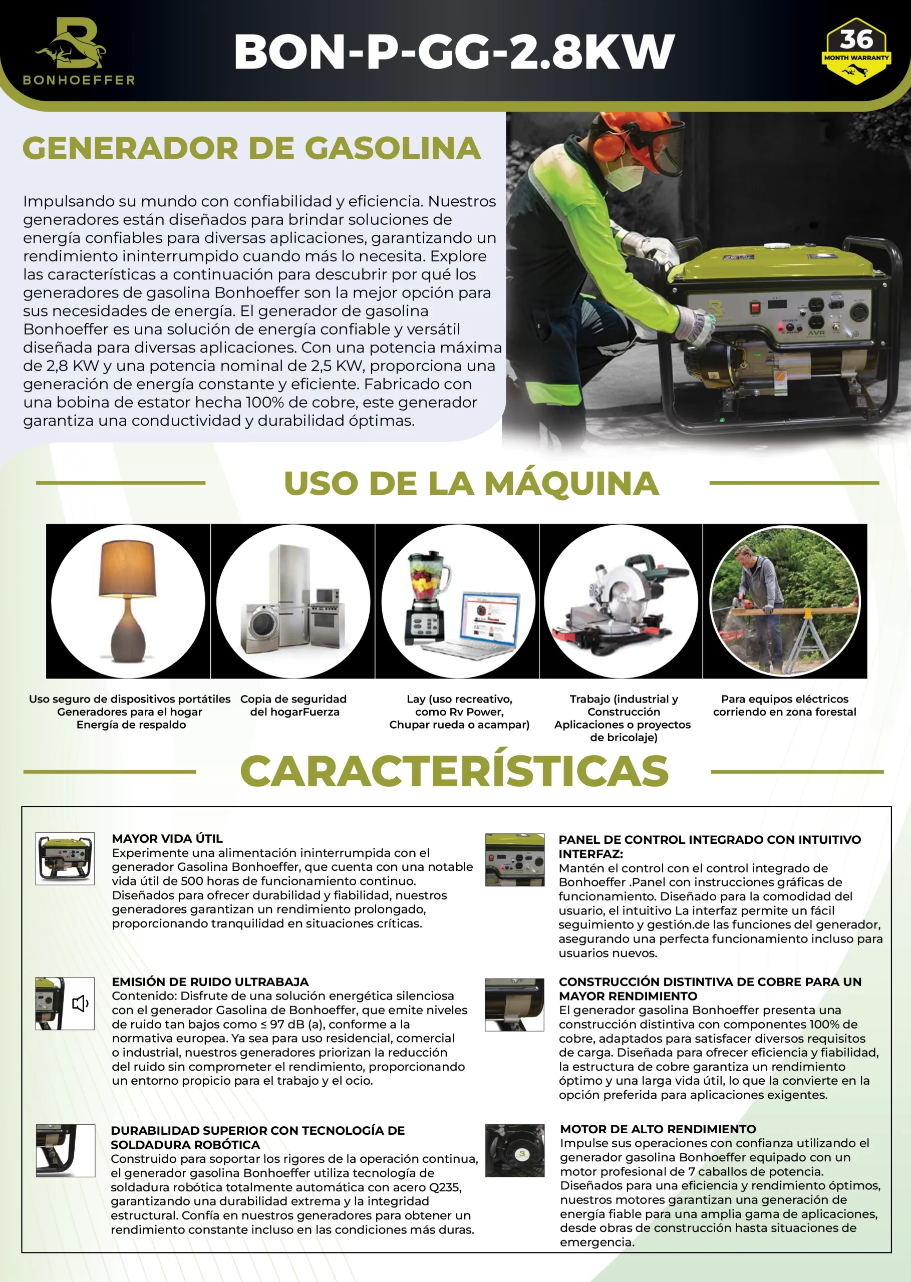 Generador Bonhoeffer BON-P-GG-2.8KW 2.8KW 100% Cobre 7HP 15L - Imagen 2