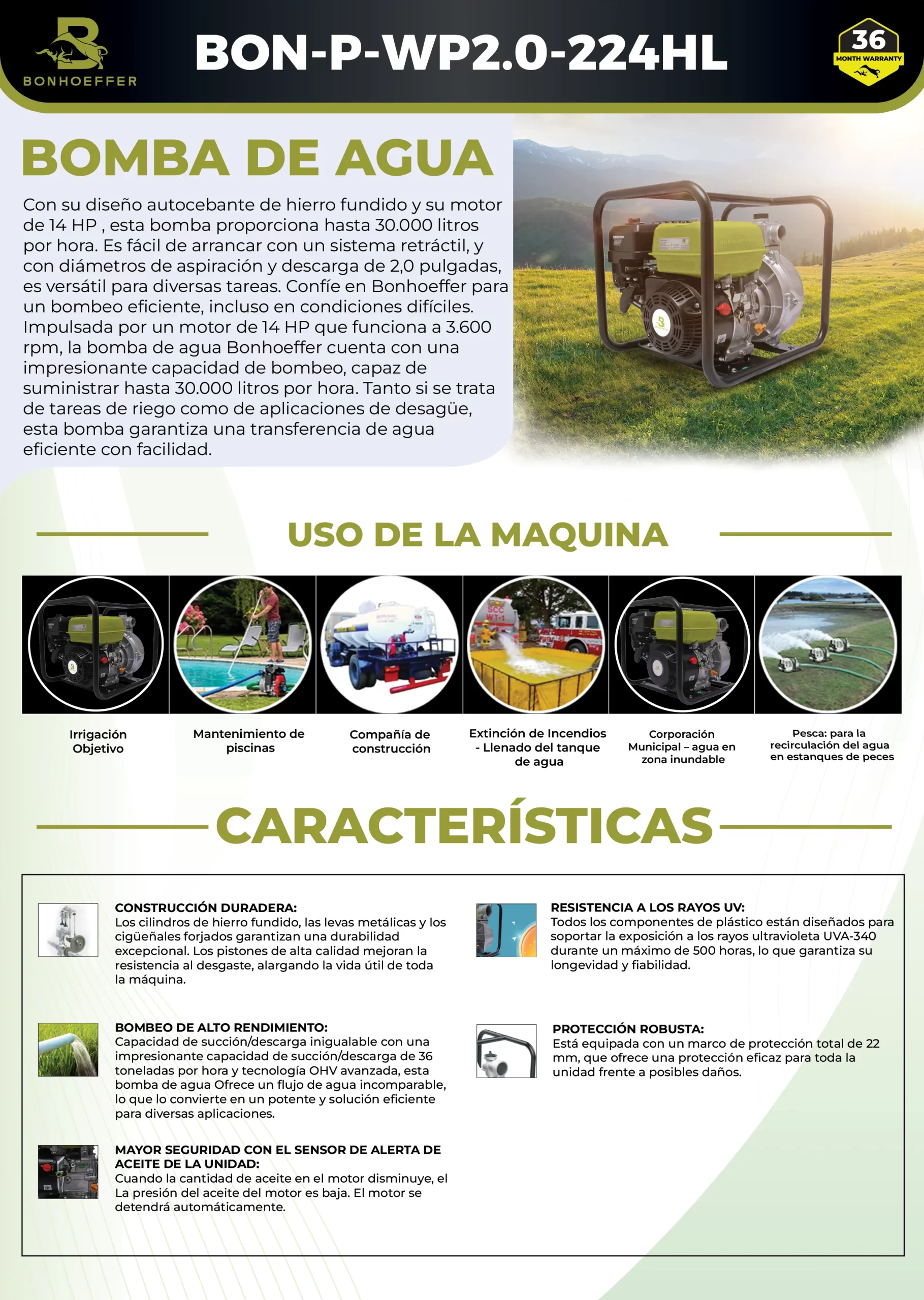 Motobomba Bonhoeffer de Alta Elevación 7.5HP – 2” Succión / Descarga 2", 1.5", 1.5" – Modelo BON-P-WP2.0-224HL - Imagen 2