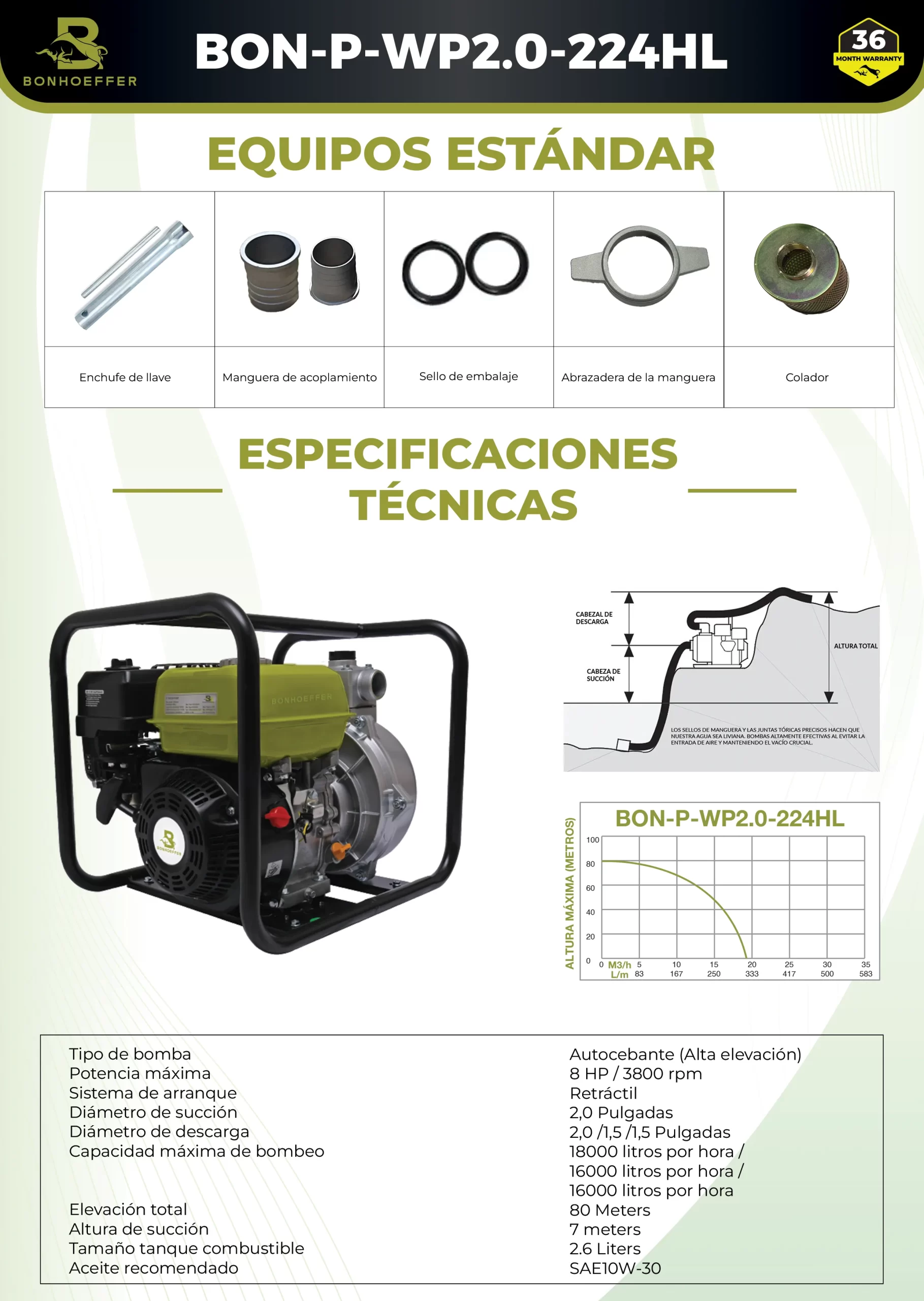 Motobomba Bonhoeffer de Alta Elevación 7.5HP – 2” Succión / Descarga 2", 1.5", 1.5" – Modelo BON-P-WP2.0-224HL - Imagen 3