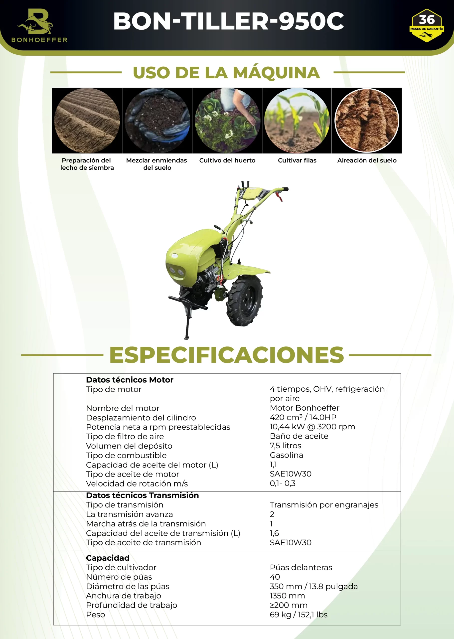 Motocultivador Bonhoeffer BON-TILLER-950C 14HP de 1350mm Ancho de Labranza - Imagen 4