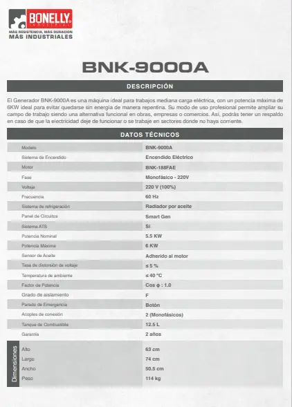 Generador Diésel Abierto BNK-9000A Monofásico 220V 6KW con Pre-calentador, Arranque Eléctrico y Control Remoto – Bonelly Industrial – BNK- 9000A