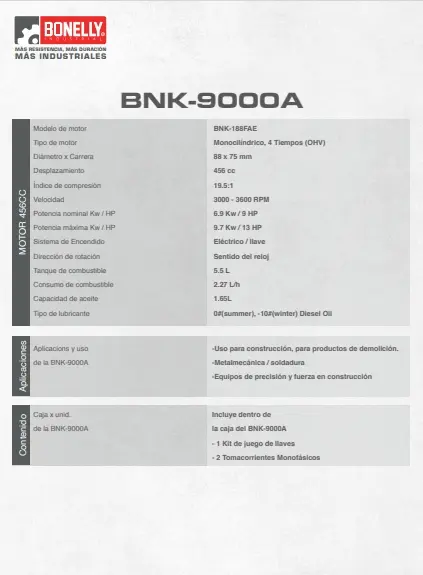 Generador Diésel Abierto BNK-9000A Monofásico 220V 6KW con Pre-calentador, Arranque Eléctrico y Control Remoto – Bonelly Industrial – BNK- 9000A