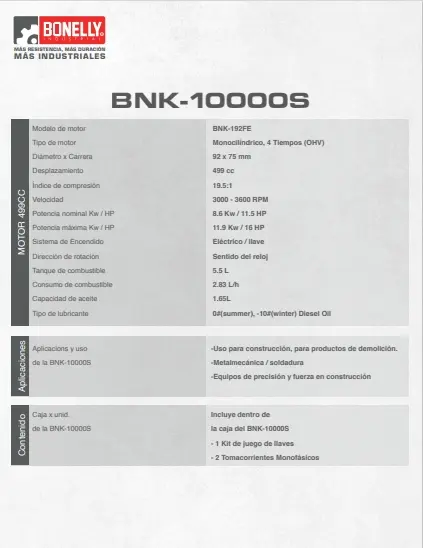 Generador Diésel Silencioso BNK-10000S Monofásico 220V 7KW con Pre-calentador, Arranque Eléctrico y Control Remoto – Bonelly Industrial – BNK- 10000S