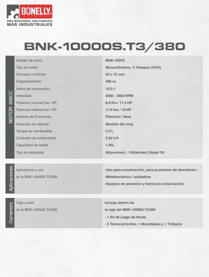Generador Diésel Silencioso BNK-10000S.T3/380 Trifásico 380V 7KW con Pre-calentador, Arranque Eléctrico y Control Remoto – Bonelly Industrial – BNK- 10000S.T3/380