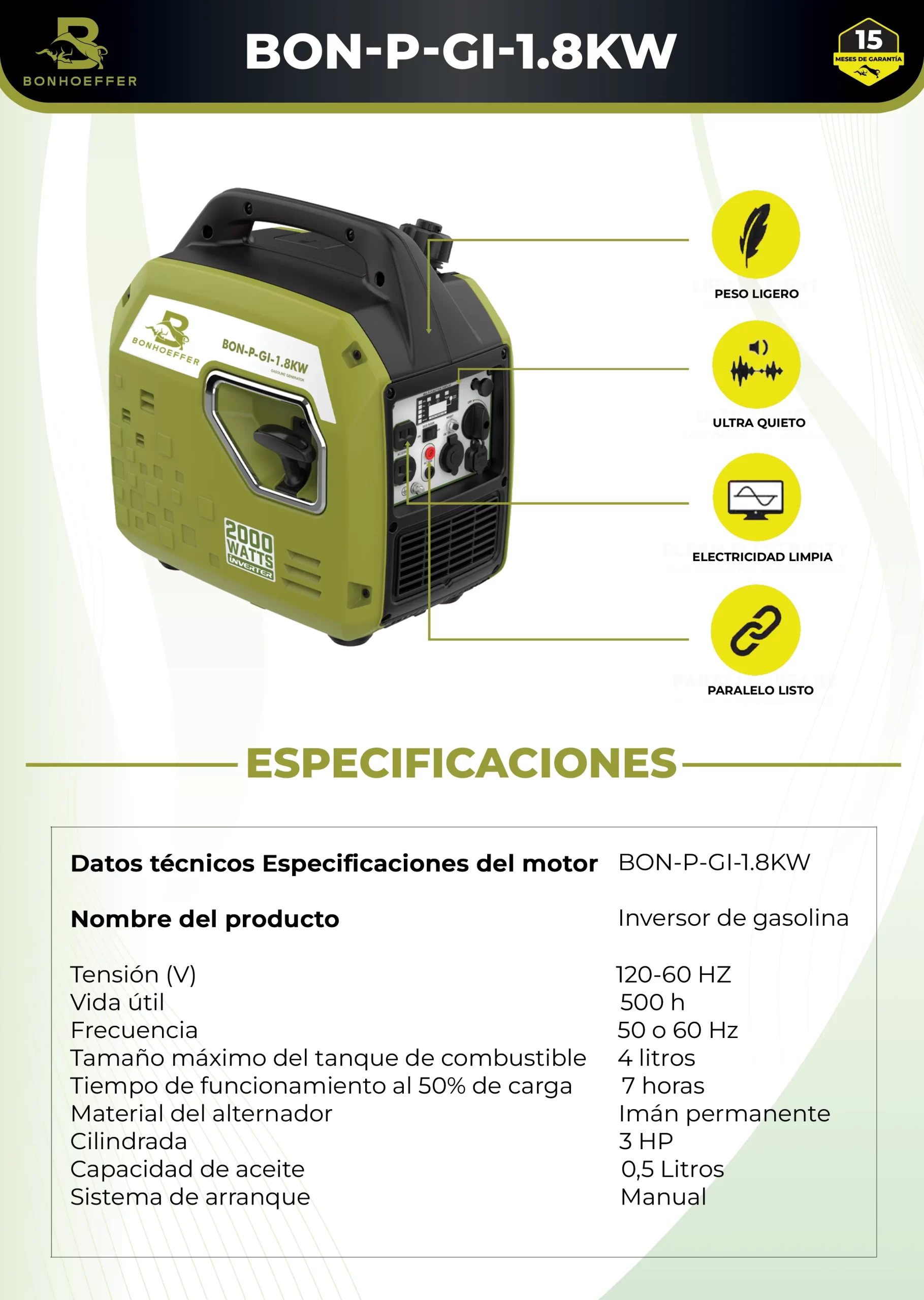 Generador Inversor a Gasolina Bonhoeffer BON-P-GI-1.8KW - Imagen 5