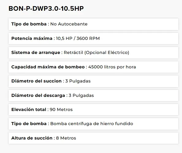 Bomba Centrífuga Bonhoeffer BON-P-DWP3.0-10.5HP – Hierro Fundido, 3”, 10.5 HP, 45000 L/h - Imagen 6