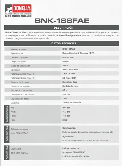 Motor Diésel Bonelly BNK-188FAE 13HP | 456cc | Arranque Manual / Eléctrico – Línea Premium