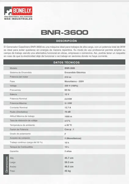Generador Bonelly BNR-3600 Gasolina | 3.1KW | 220V Monofásico | Heavy-Duty | Línea Premium