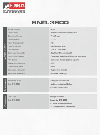 Generador Bonelly BNR-3600 Gasolina | 3.1KW | 220V Monofásico | Heavy-Duty | Línea Premium