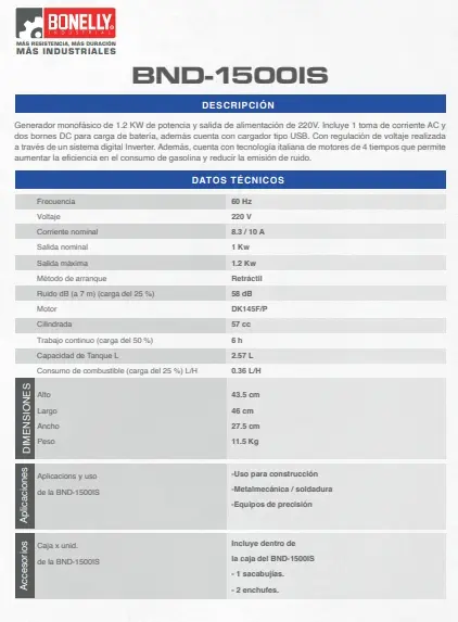 Generador Inverter Silencioso Bonelly BND-1500IS | 1.2KW | 220V | Manual