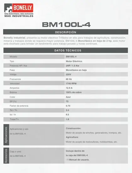 Motor Monofásico 2HP BM100L-4 | Bonelly Industrial | Bobina de Cobre