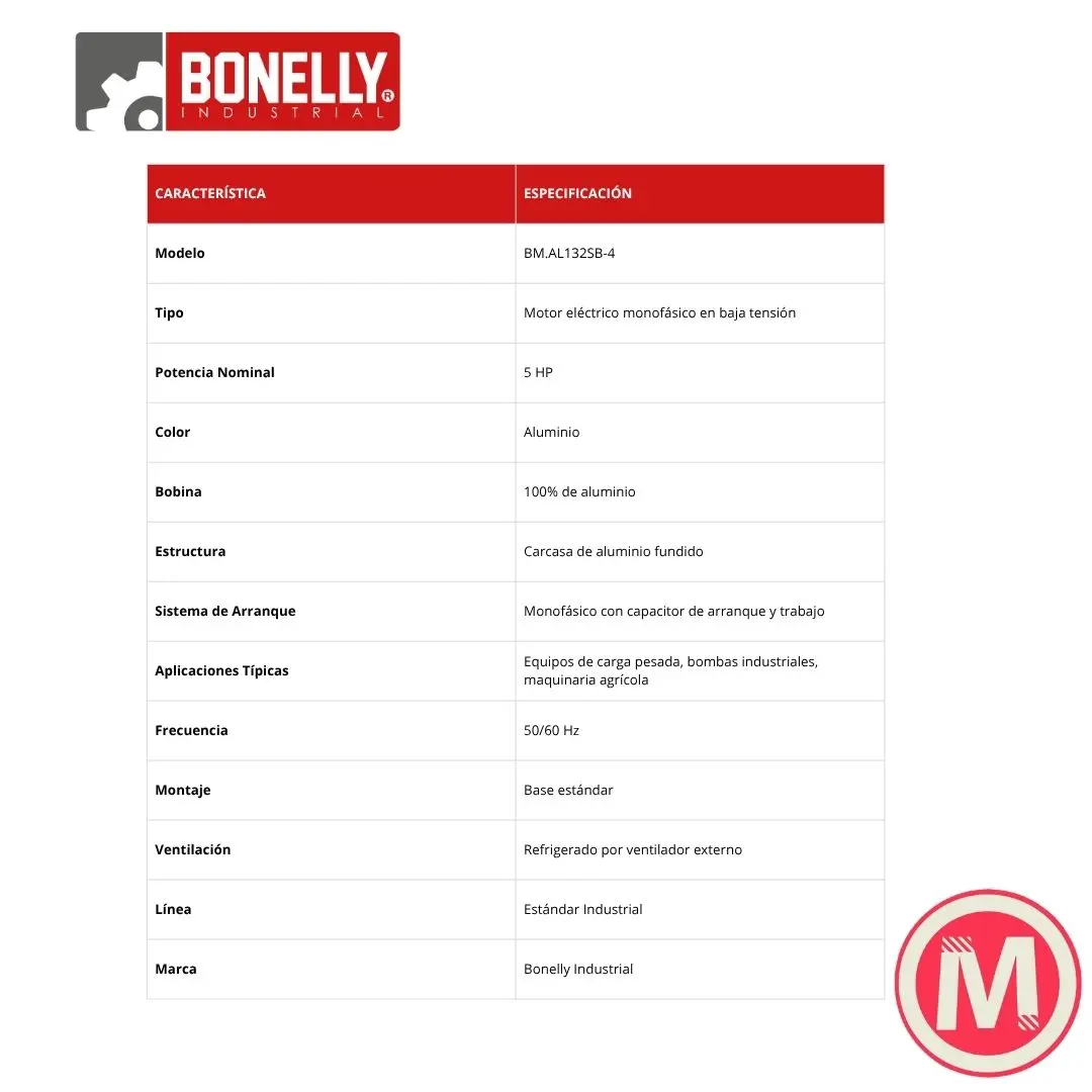 Motor Monofásico 5HP BM.AL132SB-4 | Bonelly Industrial | Carcasa de Aluminio