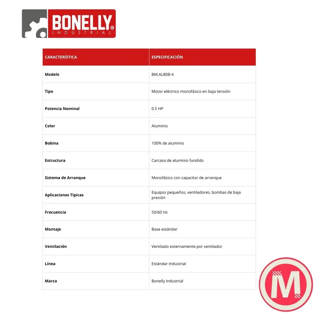 Motor Monofásico 0.5HP BM.AL80B-4 | Bonelly Industrial | Carcasa Aluminio