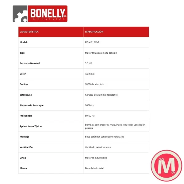 Motor Electrico Trifásico 5.5HP BT.AL112M-2 | Bonelly Industrial | Carcasa de Aluminio