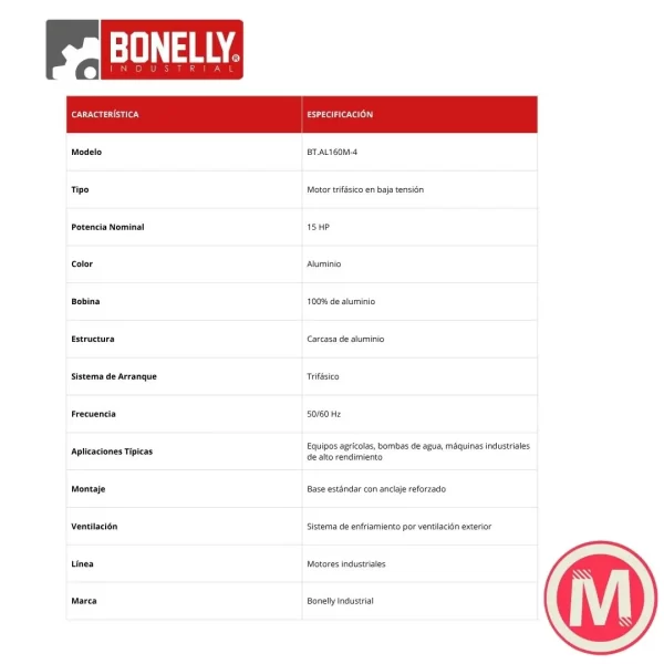 Motor Electrico Trifásico 15HP BT.AL160M-4 | Bonelly Industrial | Carcasa de Aluminio