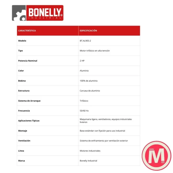 Motor Electrico Trifásico 2HP BT.AL90S-2 | Bonelly Industrial | Carcasa de Aluminio