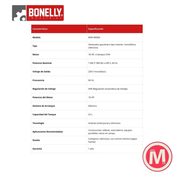 Generador Inverter Abierto Bonelly BNR-9000IA | 7.5KW | 220V | Heavy-Duty