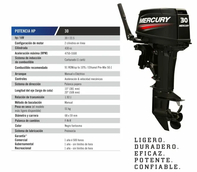 Motor Fuera de Borda Mercury 30HP 2 Tiempos (Cola 20″) – 30 MLH - Imagen 2
