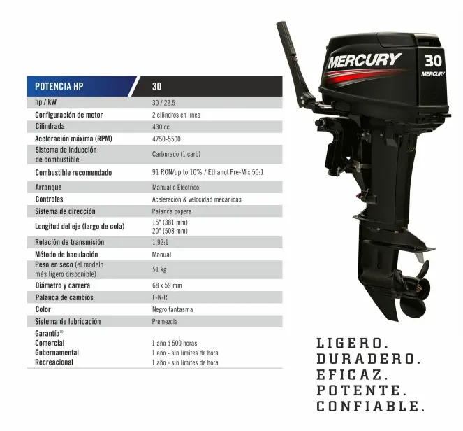 Motor Fuera de Borda Mercury 30HP 2 Tiempos (Cola 15″) – 30 MH - Imagen 2
