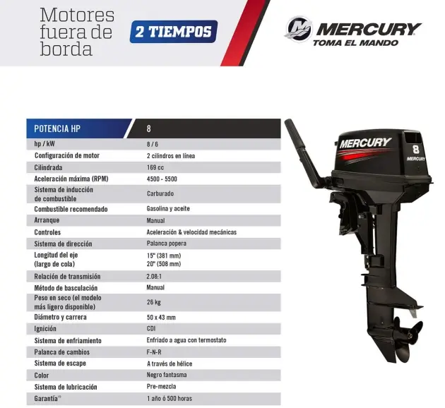 Motor Fuera de Borda Mercury 8HP 2 Tiempos (Cola 15″) – 8 MH - Imagen 2