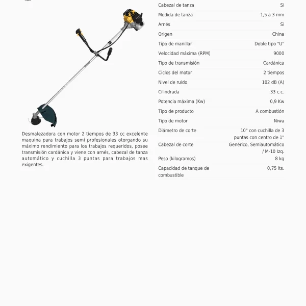 Desbrozadora a Combustión Niwa DNW-33 33cc 2T – Cuchilla 3 Puntas