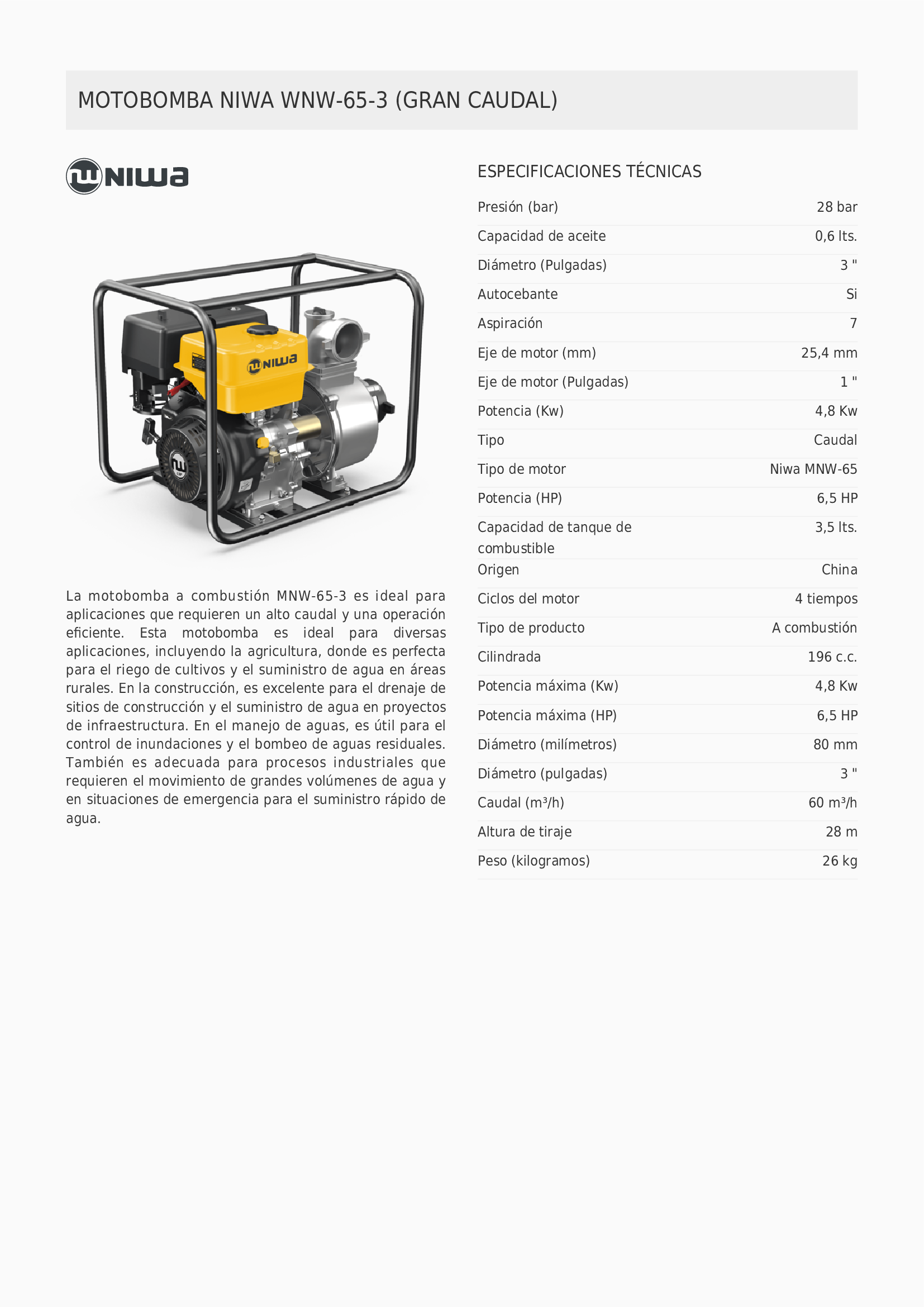 Motobomba Niwa 6,5 HP 3″ WNW-65-3 para riego y bombeo portátil