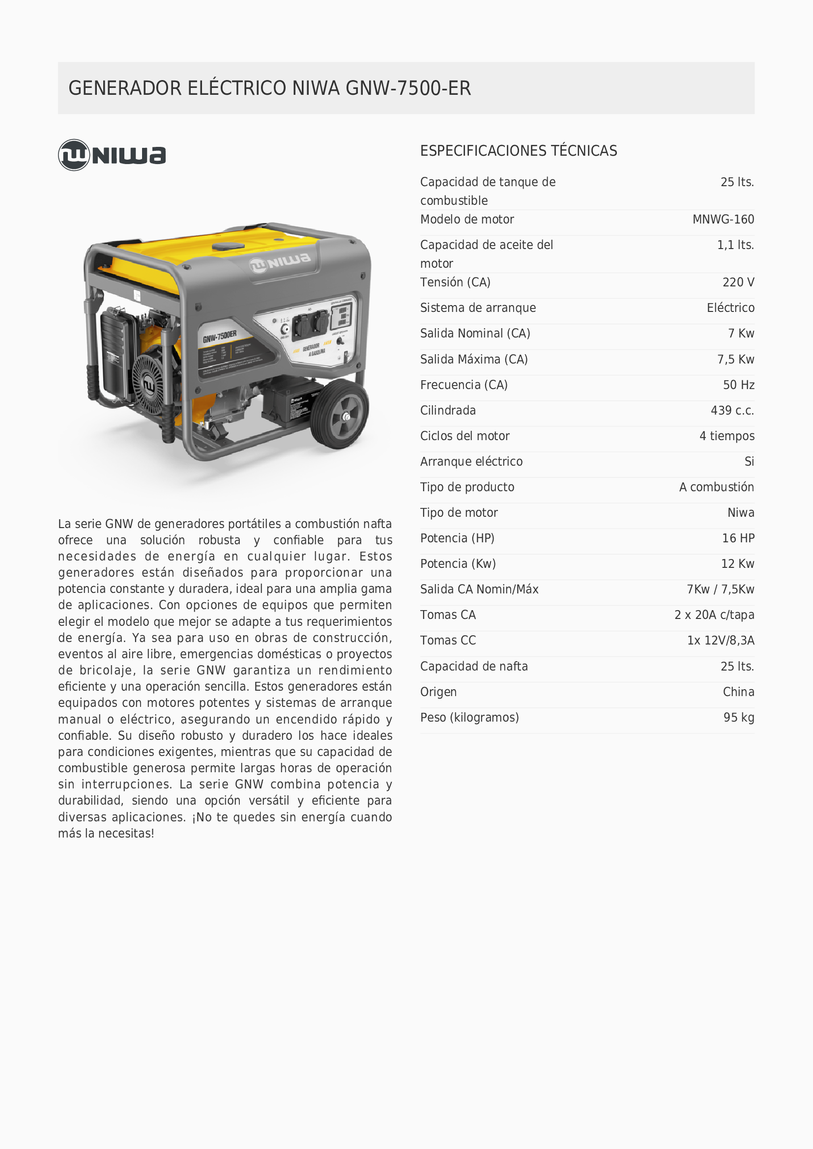 Generador a Combustión Niwa GNW-7500-ER 16 HP 7,5 kW con Arranque Eléctrico