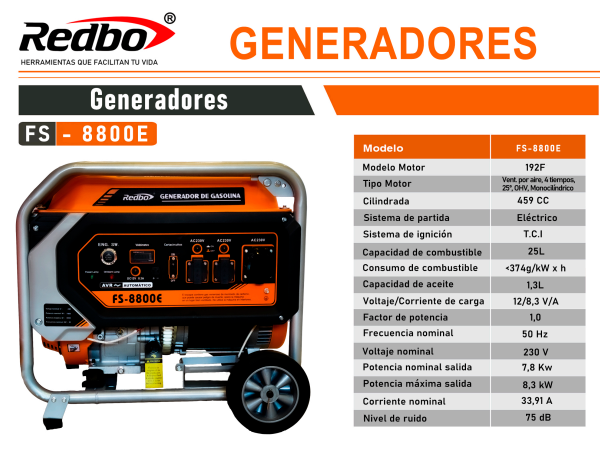 Generador Monofásico a Gasolina 4T REDBO FS-8800E 7000 W (6500 W nominal) con Ruedas